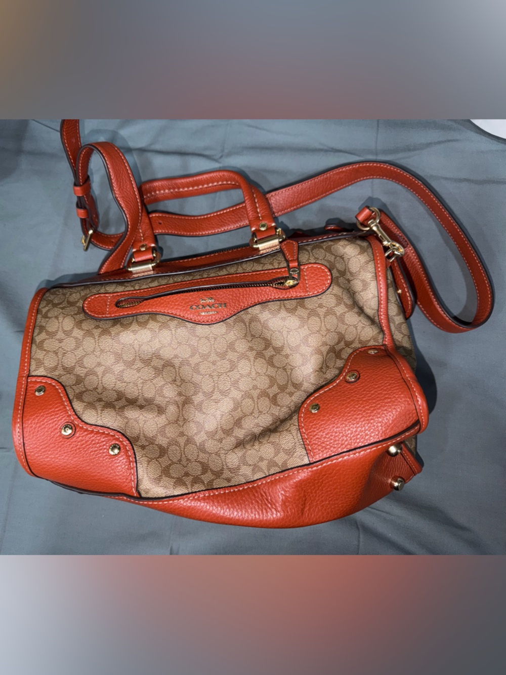 Coach Brown Signature Canvas Satchel with Orange Leather Trim